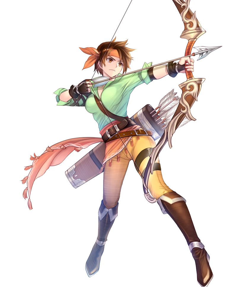 1girl, armor, arrow, belt, boots, bow_(weapon), brown_eyes, brown_hair