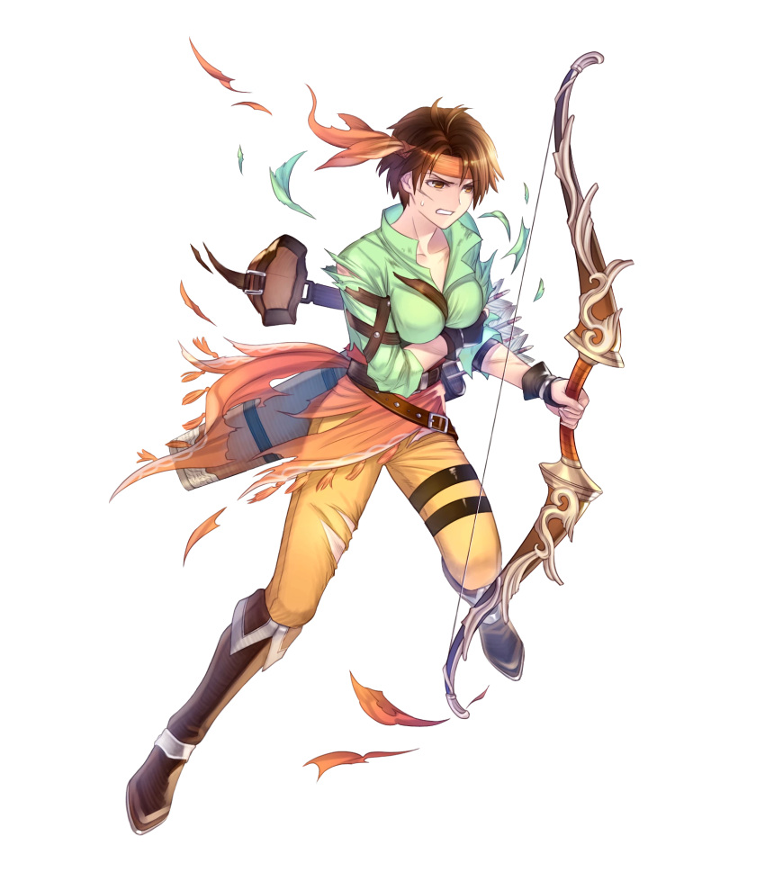1girl, armor, arrow, belt, boots, bow_(weapon), brown_eyes, brown_hair