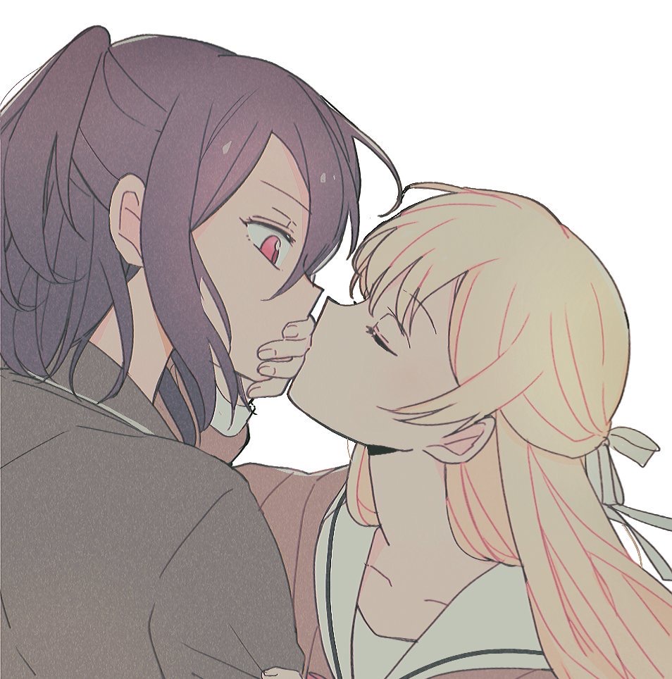 2girls, bang_dream!, bangs, blonde_hair, closed_eyes, covering_mouth, from_side, hair_ribbon, hanasakigawa_school_uniform, hand_kiss, hand_on_another's_mouth, hand_over_another's_mouth, haneoka_school_uniform, kiss, long_hair, long_sleeves, looking_at_another, multiple_girls, purple_hair, ribbon, school_uniform, seri_(vyrlw), seta_kaoru, shirasagi_chisato, violet_eyes, white_background, white_ribbon, yuri