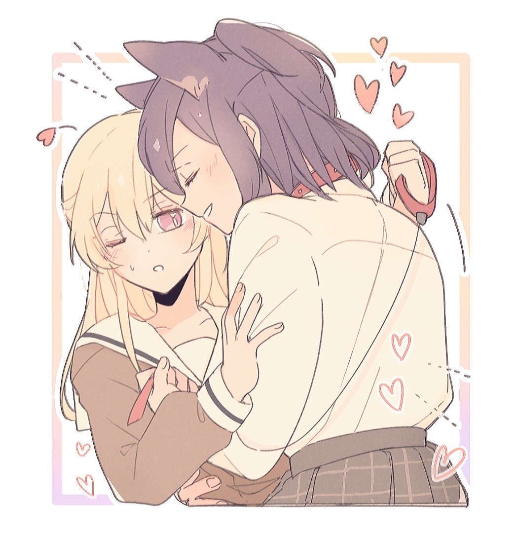 2girls, ;o, animal_ears, arm_around_waist, bang_dream!, bangs, blonde_hair, blush