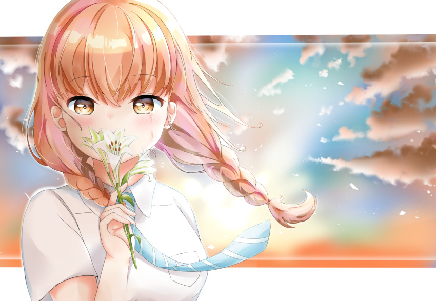 1girl, araburu_kisetsu_no_otome-domo_yo., blue_neckwear, blue_sky, blush, braid, brown_eyes, brown_hair
