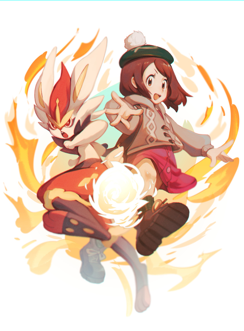 1girl, brown_eyes, brown_hair, cinderace, commentary_request, fire, fireball, gen_8_pokemon