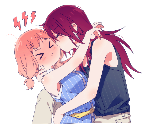 >_<, 2girls, :i, ahoge, bang_dream!, bangs, beige_pants, black_tank_top