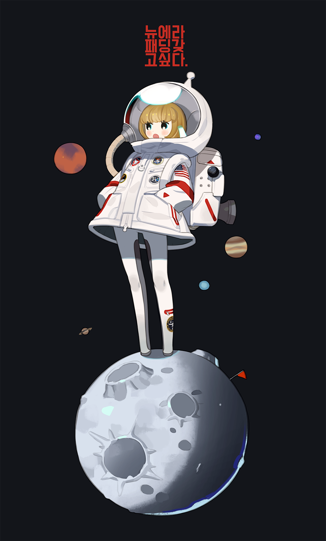 1girl, american_flag, astronaut, astronaut_helmet, backpack, bag, black_background, black_legwear