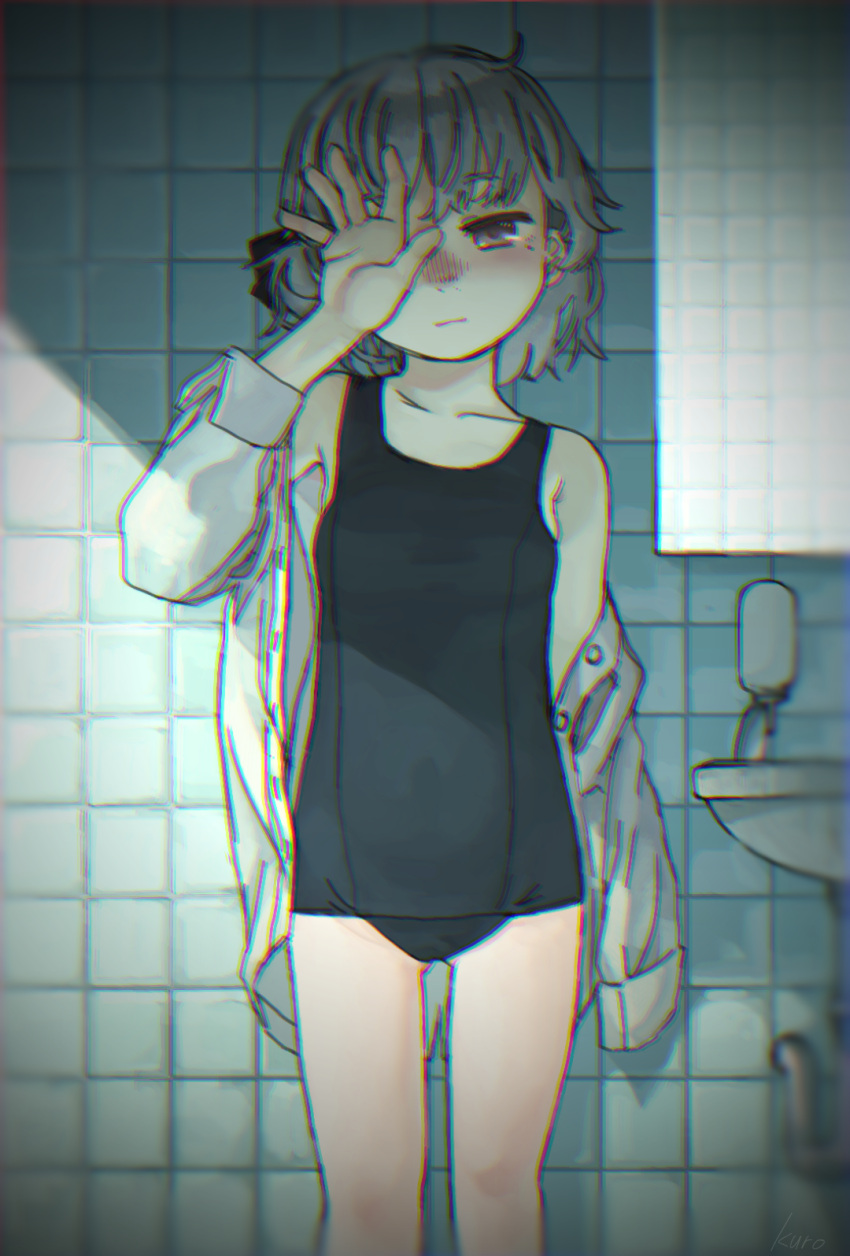 1girl, bathroom, blurry, chromatic_aberration, covering_one_eye, dress_shirt, hair_ribbon, hatoba_tsugu