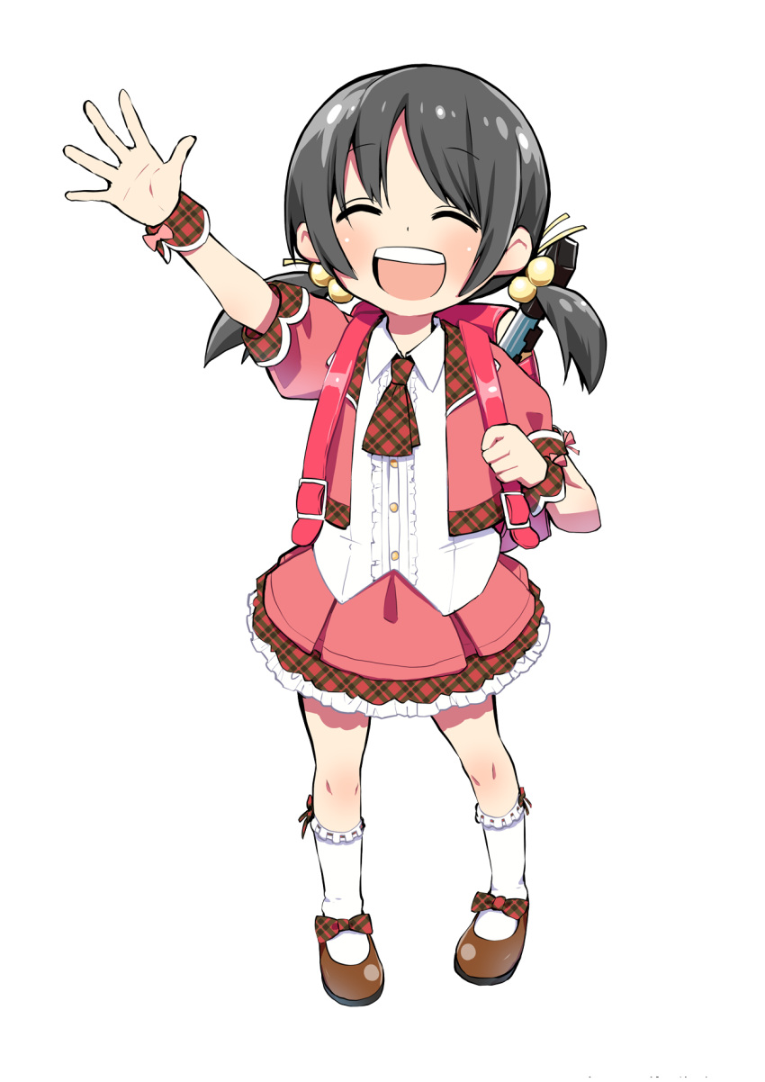 1girl, ^_^, arm_up, backpack, bag, black_hair, brown_footwear, closed_eyes, frilled_legwear, gyari_(imagesdawn), hair_bobbles, hair_ornament, highres, instrument, jacket, kaai_yuki, kaai_yuki_(vocaloid4), low_twintails, mary_janes, necktie, open_mouth, pink_jacket, pink_skirt, plaid, plaid_neckwear, randoseru, recorder, shoes, skirt, socks, solo, transparent_background, twintails, upper_teeth, vocaloid, waving, white_legwear, wrist_cuffs