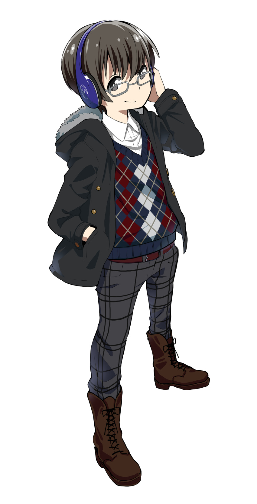 1boy, absurdres, argyle, argyle_sweater, belt, black_eyes, black_hair, black_jacket