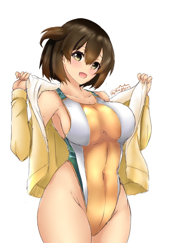1girl, adapted_costume, blush, breasts, brown_hair, collarbone, competition_swimsuit, covered_navel