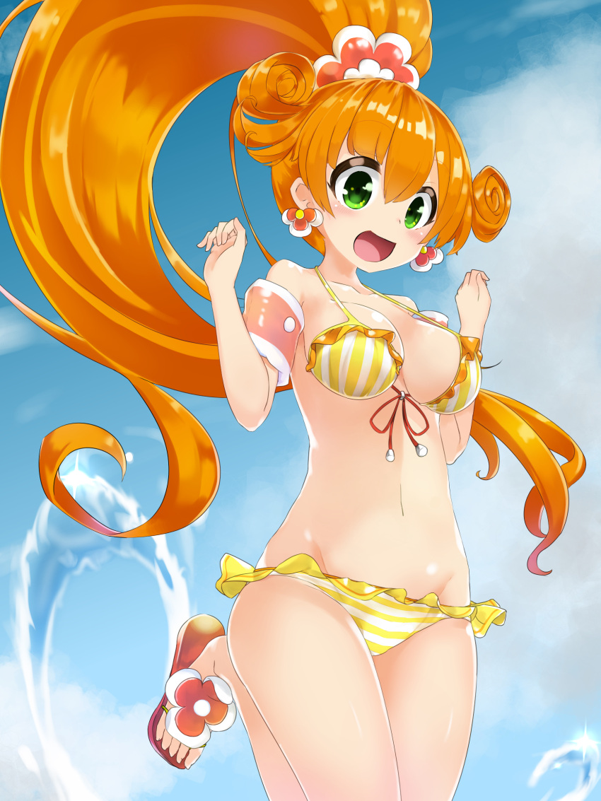 1girl, bikini, blush, breasts, earrings, green_eyes, highres, jewelry