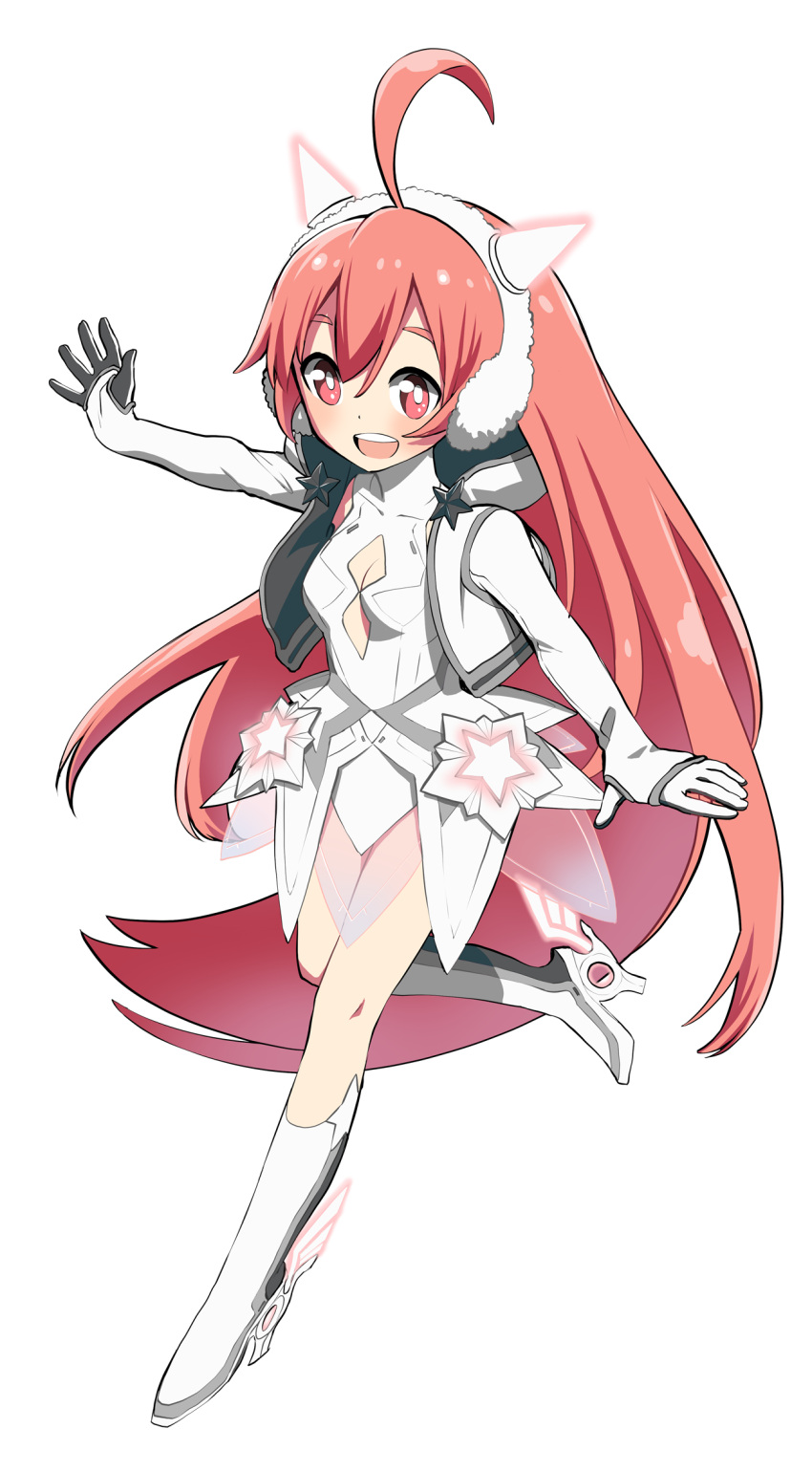 1girl, ahoge, boots, bright_pupils, cleavage_cutout, earmuffs, gloves, gyari_(imagesdawn), headphones, highres, jacket, leotard, long_hair, open_mouth, pink_eyes, pink_hair, see-through, sf-a2_miki, sf-a2_miki_(vocaloid4), skirt, solo, standing, standing_on_one_leg, star, transparent_background, upper_teeth, vocaloid, white_footwear, white_gloves, white_headwear, white_jacket