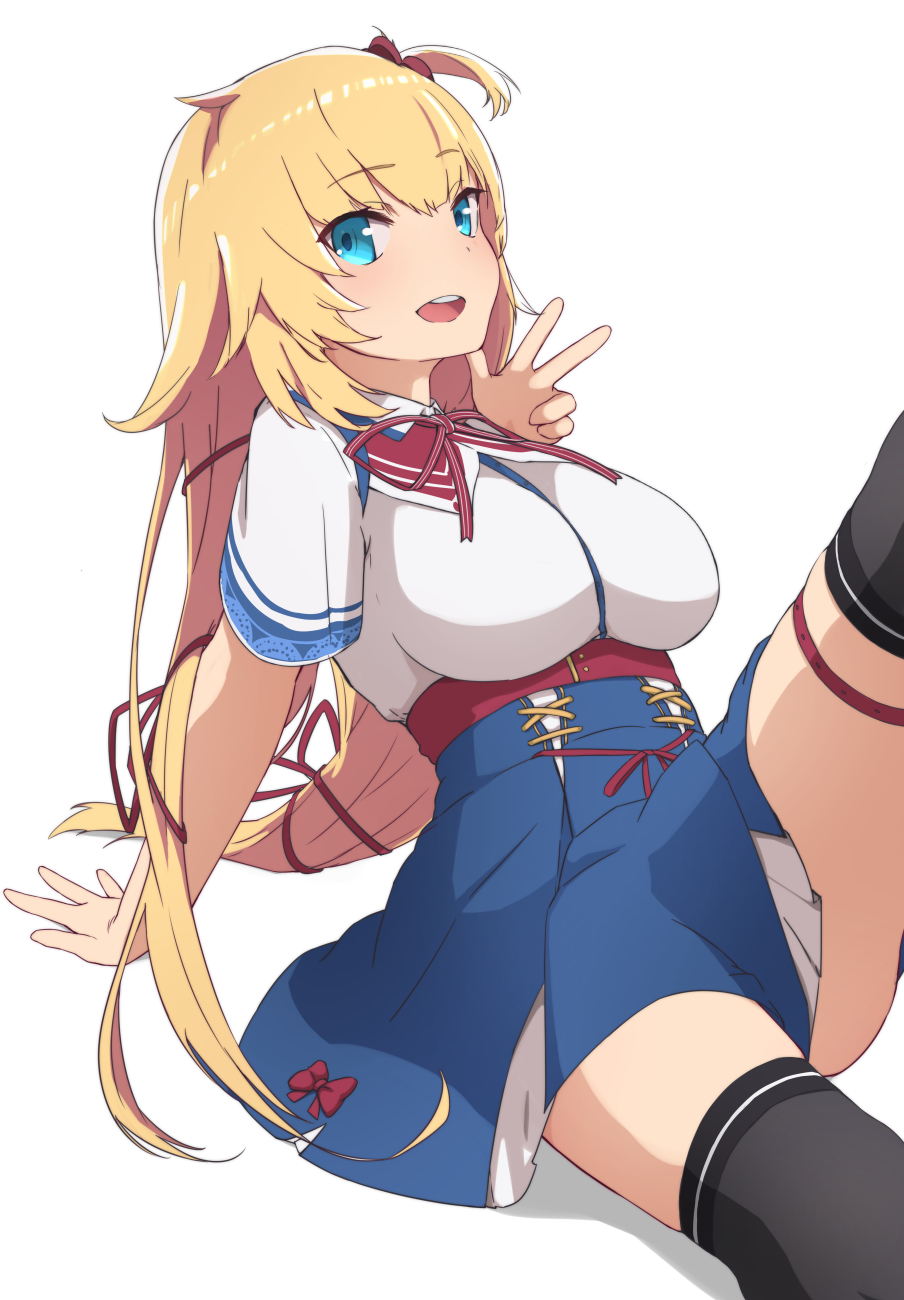 1girl, akai_haato, bangs, black_legwear, blonde_hair, blue_eyes, blue_skirt, breasts, eyebrows_visible_through_hair, hair_bobbles, hair_ornament, high-waist_skirt, highres, hololive, large_breasts, leaning_back, long_hair, looking_at_viewer, neck_ribbon, open_mouth, red_ribbon, ribbon, shirt, short_sleeves, sidelocks, simple_background, sitting, skirt, smile, solo, sonri, thigh-highs, thigh_strap, tied_hair, upper_teeth, v, virtual_youtuber, white_background, white_shirt