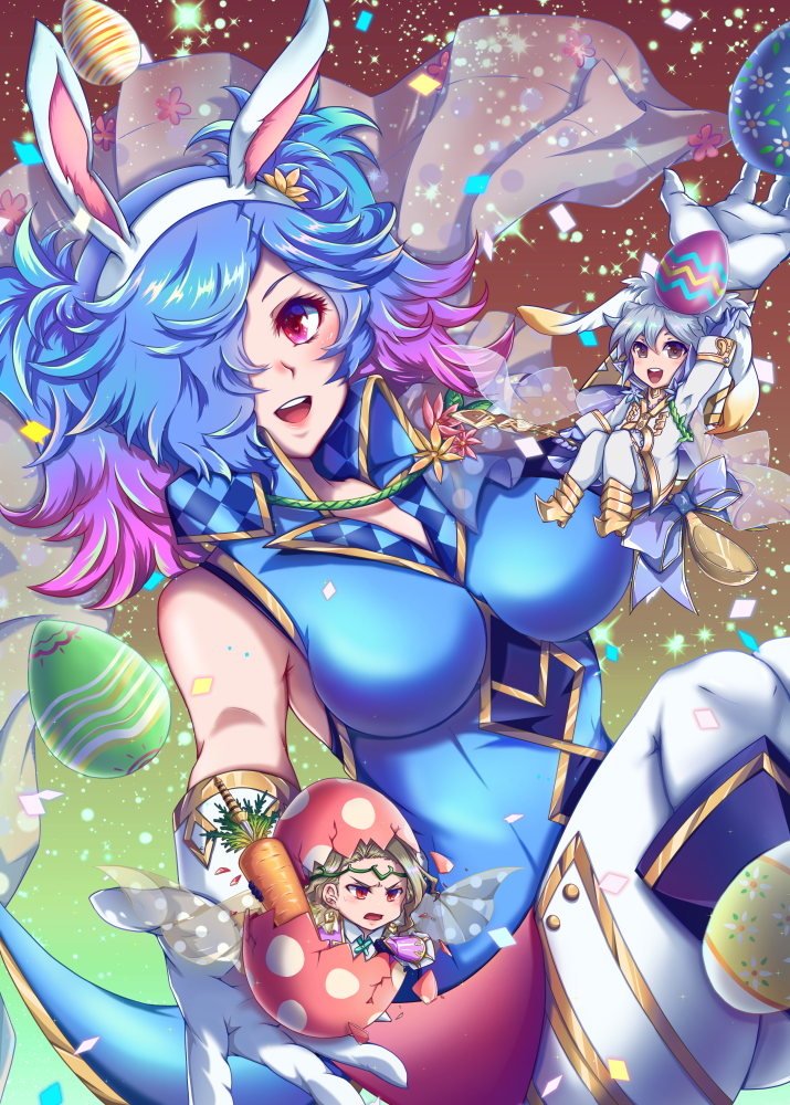 1girl, 2boys, animal_ears, arm_up, blonde_hair, blue_hair, carrot, chibi