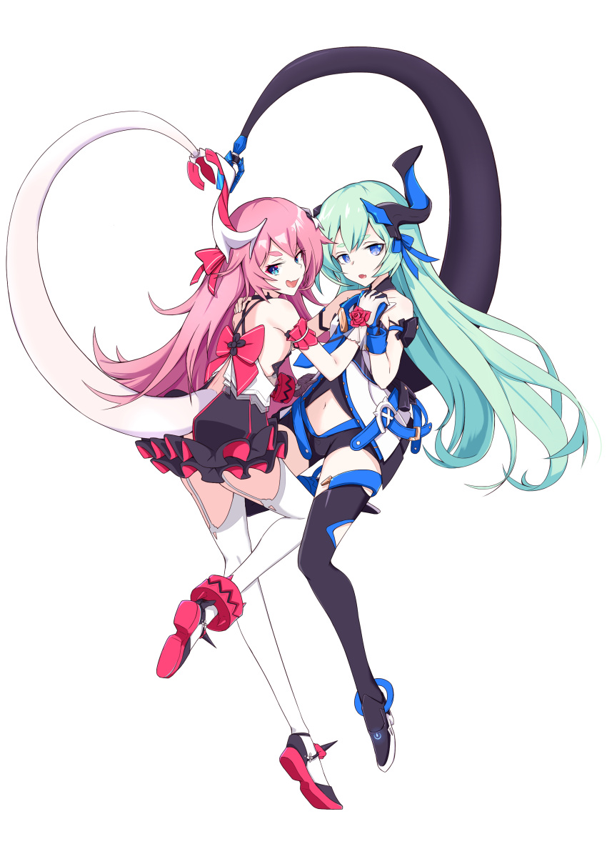 2girls, absurdres, asymmetrical_horns, bengdai_168, black_legwear, blush, dress, flower