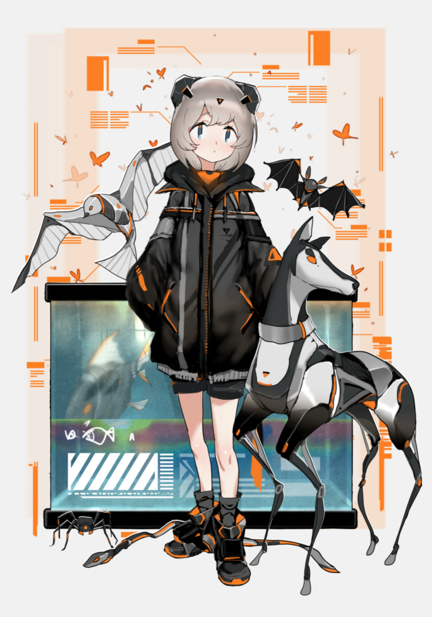 1girl, bat, bird, blush, bug, dog, fish, grey_hair, hair_ornament, highres, jacket, jellsuimu, mecha, mecha_musume, mechanical, mechanization, no_humans, oldschool, original, robot, science_fiction, shoes, short_hair, snake, spider