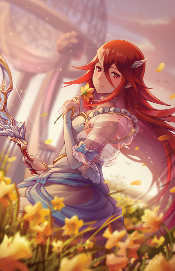 1girl, bow_(weapon), bride, closed_mouth, clouds, cordelia_(fire_emblem), dress, field