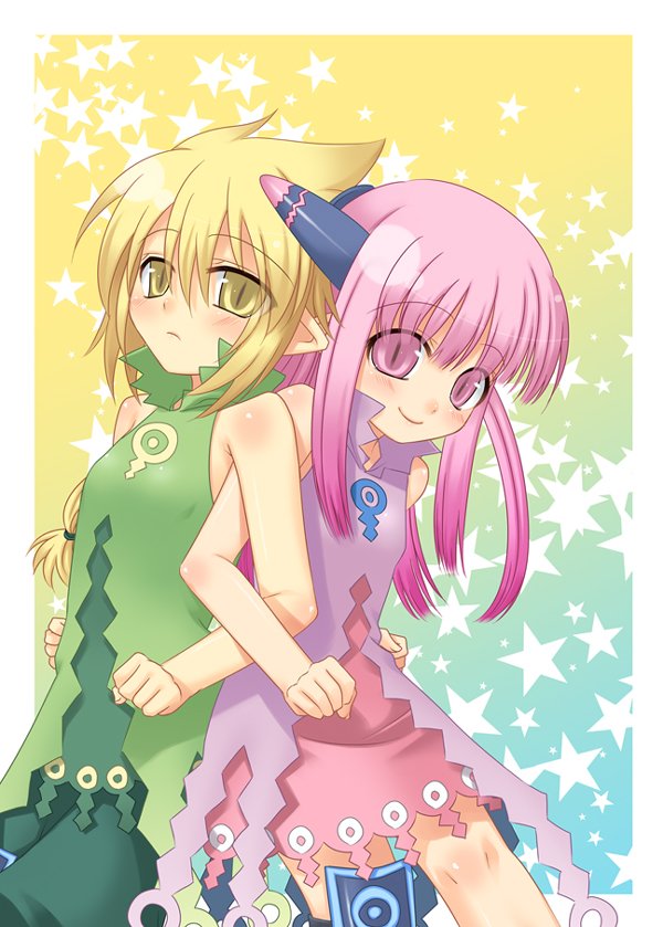 back-to-back, back_to_back, blonde_hair, coral_(summon_night), flat_chest, hazuki_(etcxetc), locked_arms, milreaf