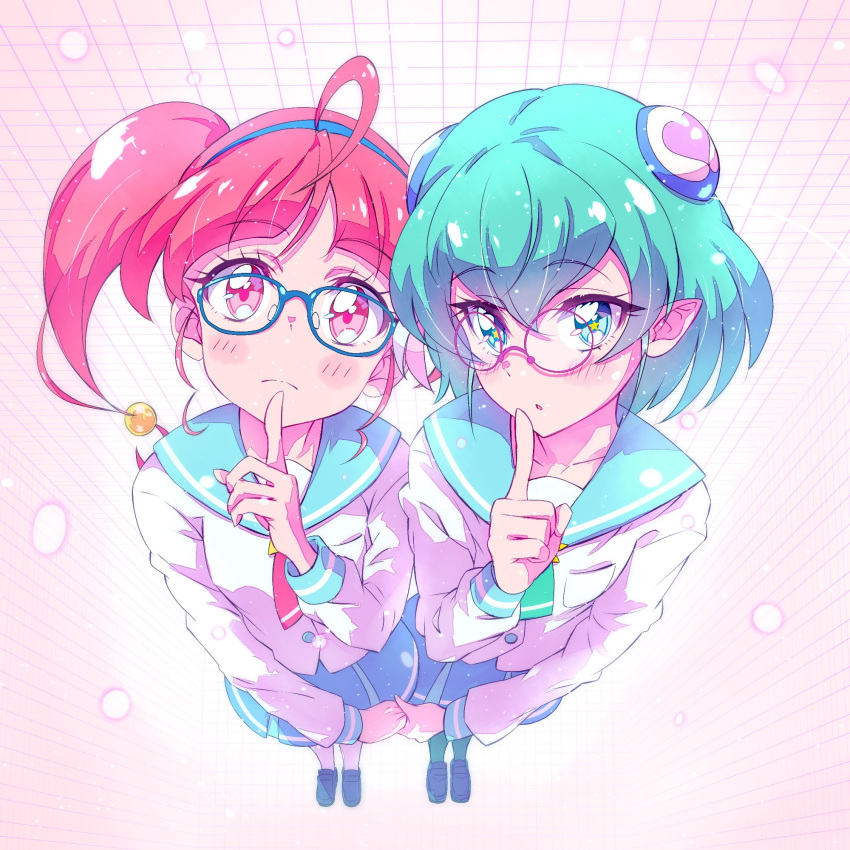 2girls, :o, ahoge, antennae, aqua_hair, aqua_legwear, bangs, blue-framed_eyewear