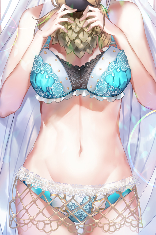 1girl, anastasia_(fate/grand_order), aqua_bra, aqua_panties, bare_shoulders, black_bra, bra, breasts