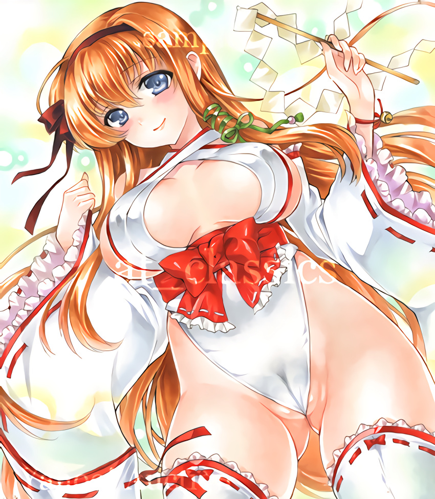 absurdres, at_classics, blue_eyes, highres, japanese_clothes, leotard, long_hair, miko
