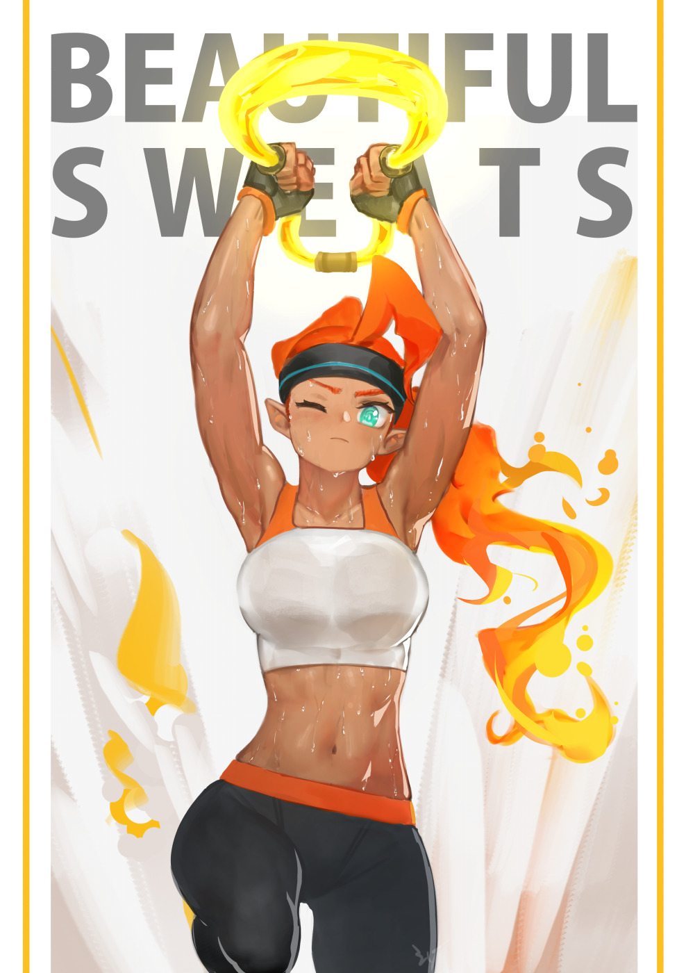 1girl, ahoge, aqua_eyes, armpits, arms_up, energy_hair, english_text, ex-trident