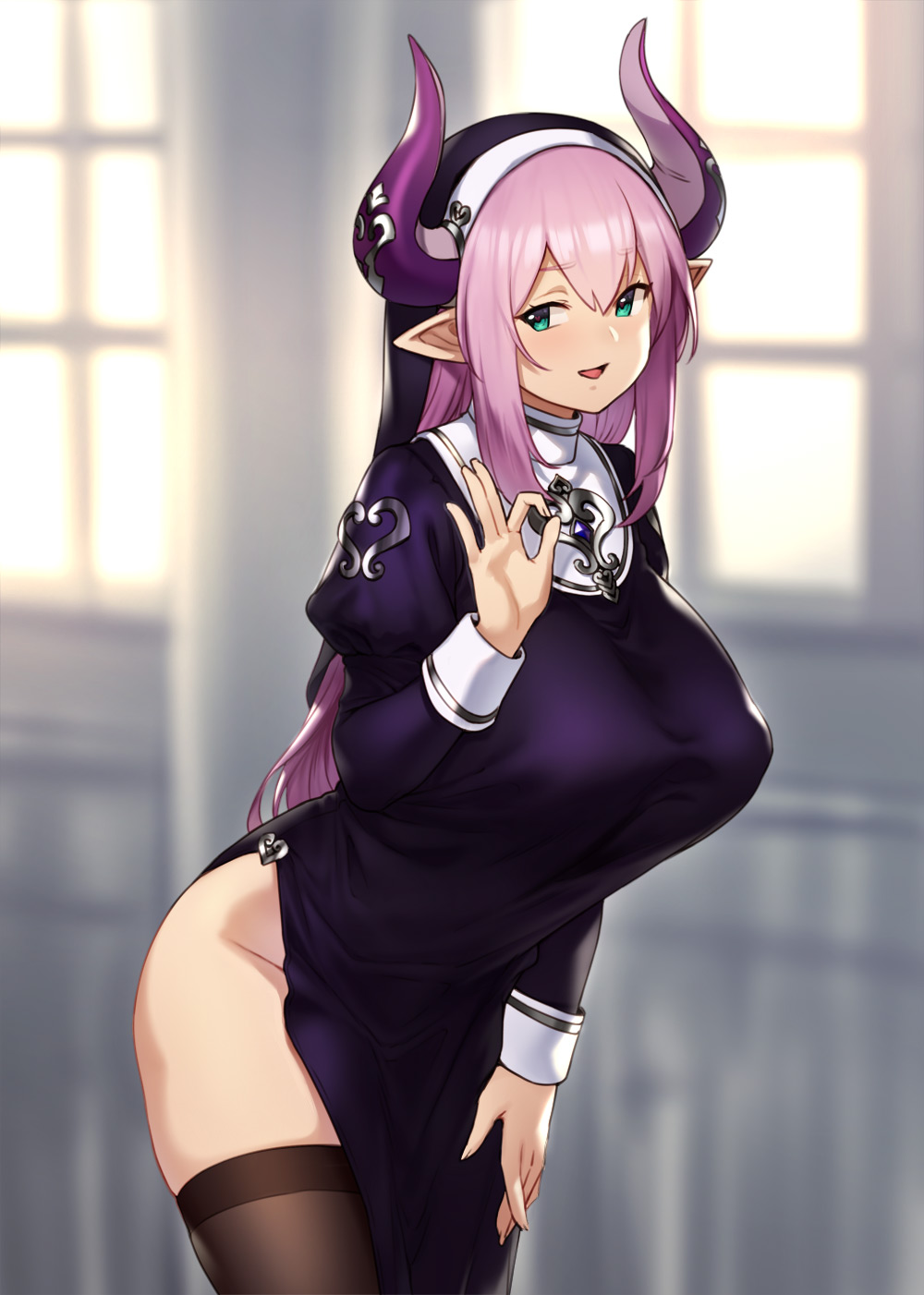 1girl, :d, bare_hips, black_legwear, blurry, blurry_background, blush, breasts
