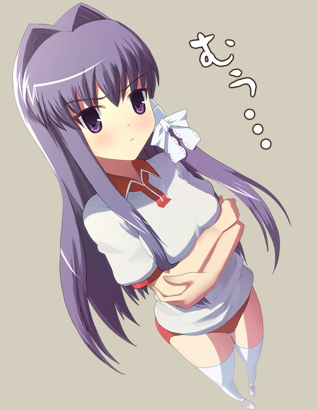 breast_hold, breast_rest, breasts, buruma, clannad, crossed_arms, frown, fujibayashi_kyou