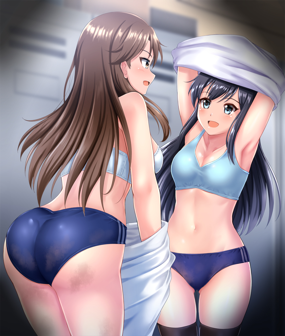 2girls, arashio_(kantai_collection), asashio_(kantai_collection), ass, black_hair, black_legwear, blue_eyes, blush, breasts, brown_eyes, brown_hair, buruma, dressing_room, eyebrows_visible_through_hair, hair_between_eyes, hair_ornament, kantai_collection, long_hair, looking_at_viewer, medium_breasts, multiple_girls, open_mouth, shirt, small_breasts, smile, sports_bra, sportswear, thigh-highs, underwear, undressing, zanntetu