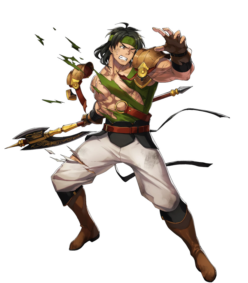 1boy, abs, axe, bandages, belt, black_hair, boots, dai-xt