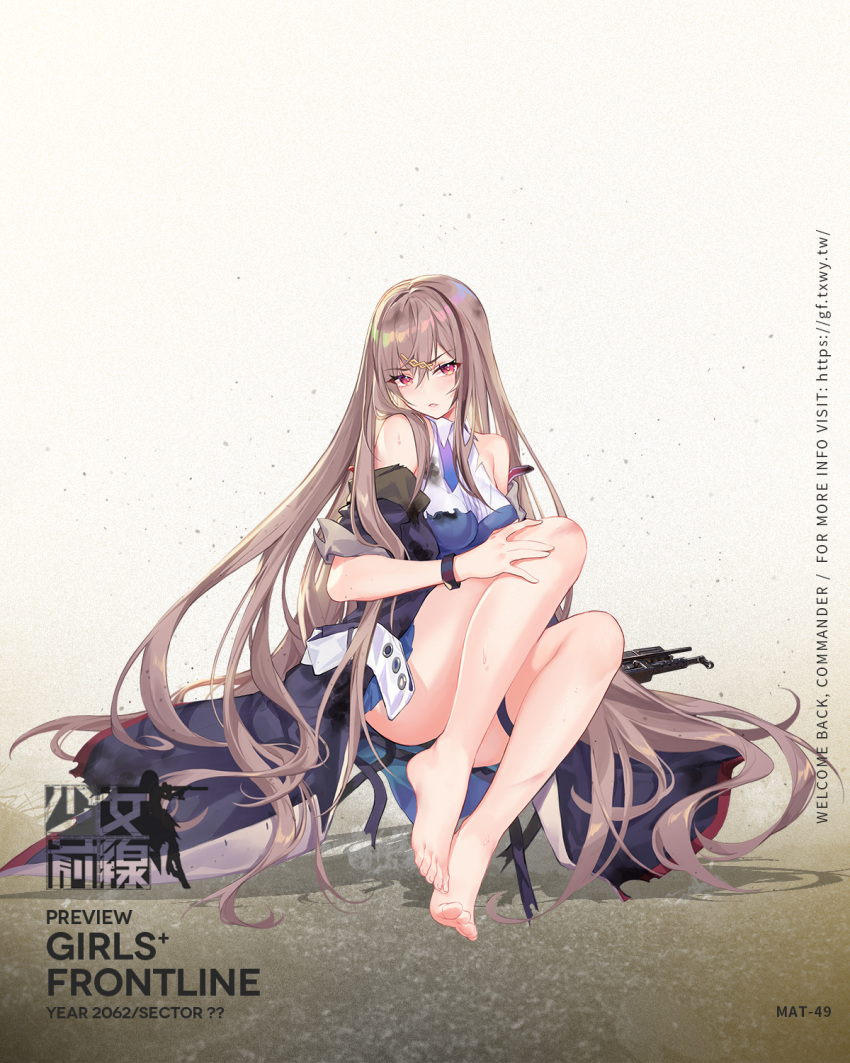 1girl, arm_across_waist, arm_under_breasts, bangs, barefoot, black_hair, blue_dress, blue_neckwear, blush, breasts, coat, collared_dress, cross, dress, dual_wielding, eyebrows_visible_through_hair, flower, full_body, girls_frontline, gun, highres, holding, injury, light_brown_hair, long_hair, looking_at_viewer, mat-49, mat-49_(girls_frontline), multicolored, multicolored_eyes, multicolored_hair, necktie, off_shoulder, official_art, open_clothes, open_coat, parted_lips, pink_eyes, pouch, red_flower, red_rose, rose, sidelocks, sitting, sleeve_cuffs, sleeveless, sleeveless_dress, solo, streaked_hair, submachine_gun, thigh_strap, thighs, torn_clothes, trigger_discipline, v-shaped_eyebrows, very_long_hair, weapon, wristband, yellow_eyes