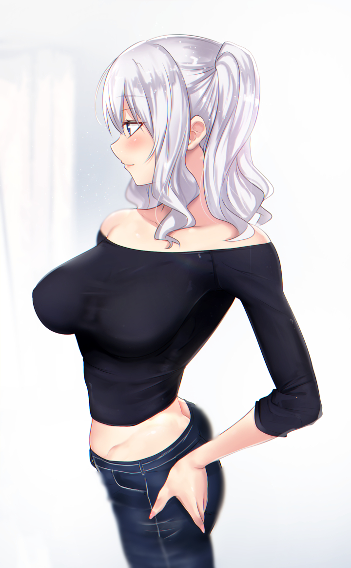 1girl, alternate_costume, black_sweater, blue_eyes, blue_pants, blurry, breasts, butt_crack