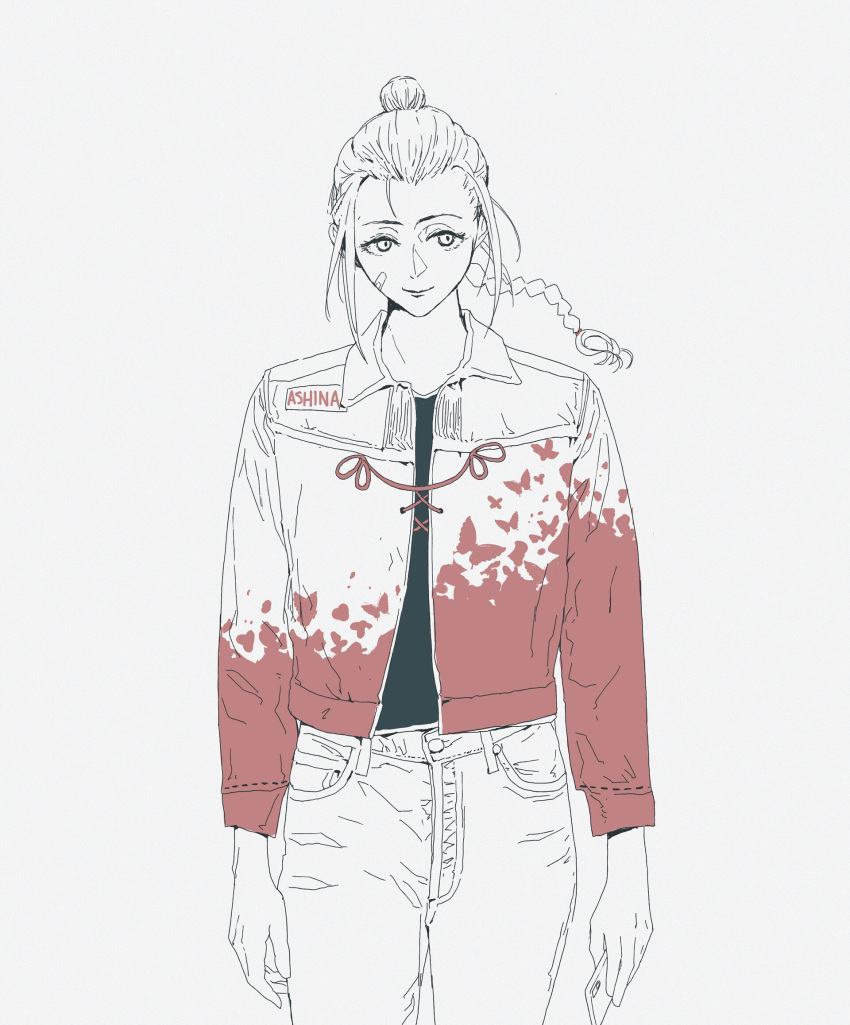 1girl, alternate_costume, animal_print, bandaid, black_shirt, butterfly_print, cellphone, ching_yeh