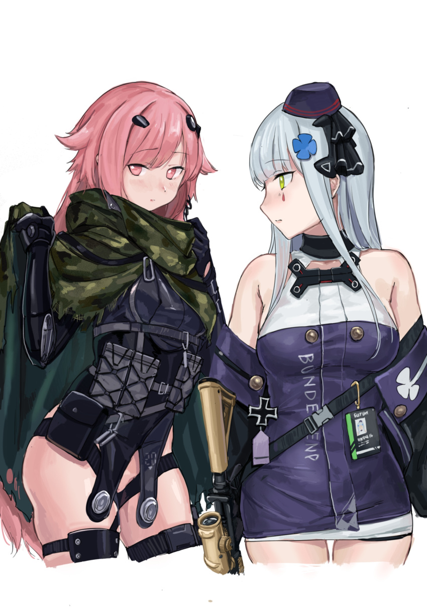 2girls, absurdres, assault_rifle, camouflage_cape, german_text, girls_frontline, green_eyes, gun, h&amp;k_hk416, hair_ribbon, hat, highres, hk416_(girls_frontline), id_card, iron_cross, kuro_(zhurunbo1997), magazine_(weapon), mini_hat, mod3_(girls_frontline), multiple_girls, ntw-20_(girls_frontline), pink_eyes, pink_hair, prosthesis, prosthetic_arm, ribbon, rifle, scope, silver_hair, weapon