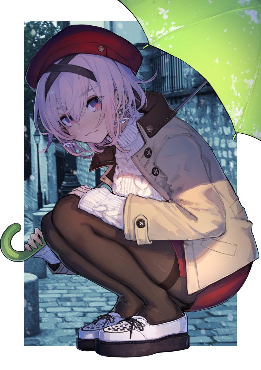 1girl, :3, aran_sweater, bangs, black_headwear, blush, brown_coat, brown_dress