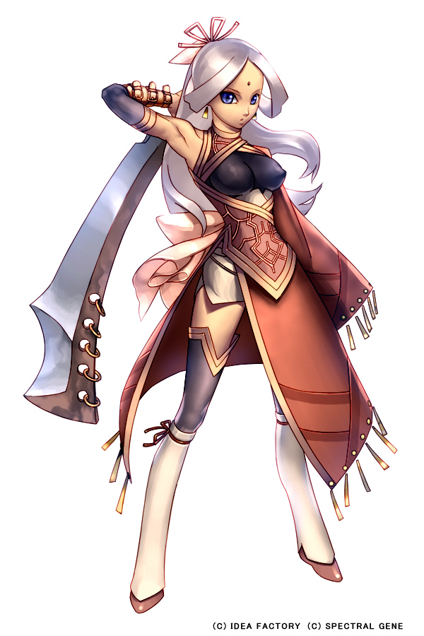 blue_eyes, dark_skin, elbow_gloves, gloves, long_hair, original, sword, tako_(pixiv8535), thigh-highs, thighhighs, weapon, white_hair