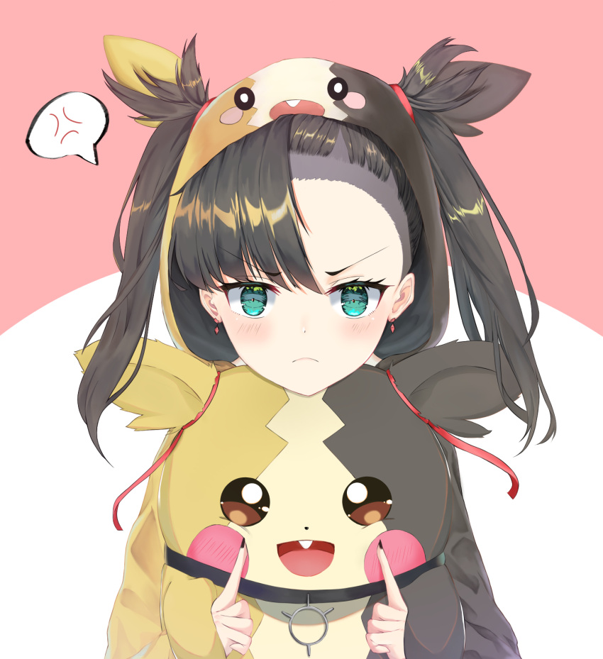 1girl, aqua_eyes, asymmetrical_bangs, asymmetrical_hair, bangs, black_hair, black_nails, blush