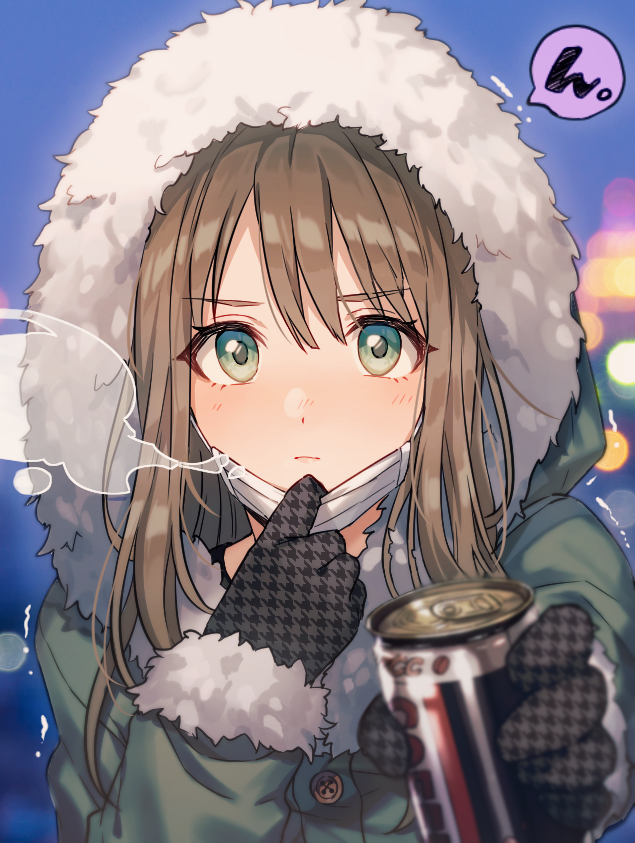 1girl, blush, brown_hair, buttons, can, canned_coffee, coat, eyebrows_visible_through_hair