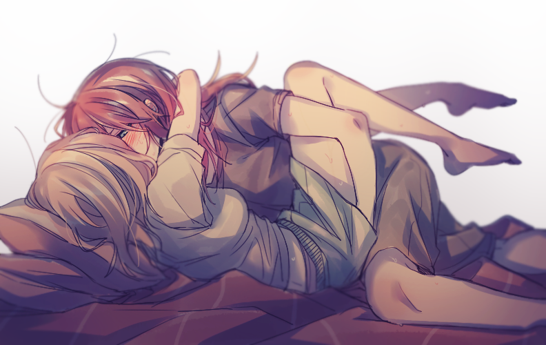 2girls, bang_dream!, barefoot, bed, black_shirt, blush, groping, hand_in_pants, hand_under_clothes, hug, leg_lock, long_hair, multiple_girls, pillow, pink_hair, re_ghotion, redhead, shirt, short_sleeves, sweat, t-shirt, udagawa_tomoe, uehara_himari, yuri