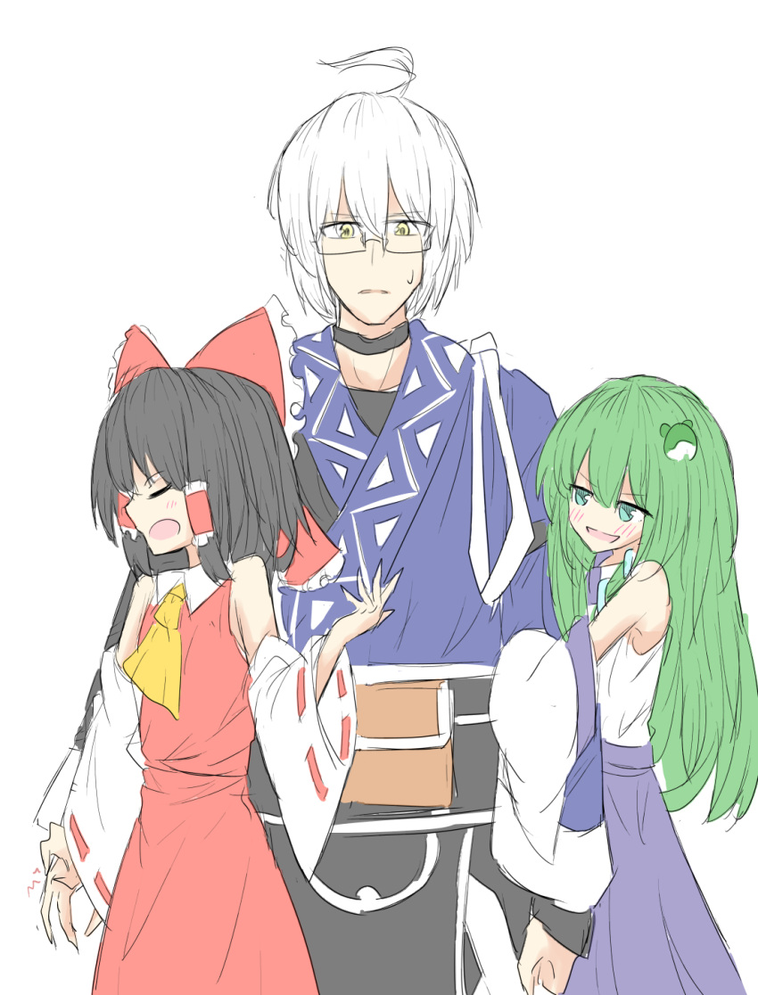1boy, 2girls, ahoge, arm_hug, black_hair, blush, choker, commentary, detached_sleeves, frog_hair_ornament, glasses, green_eyes, green_hair, hair_ornament, hair_ribbon, hakurei_reimu, highres, hug, japanese_clothes, kochiya_sanae, long_sleeves, meimei_(gvsu2738), morichika_rinnosuke, multiple_girls, nontraditional_miko, pinching, red_ribbon, ribbon, sweatdrop, touhou, white_hair, wide_sleeves, yellow_eyes