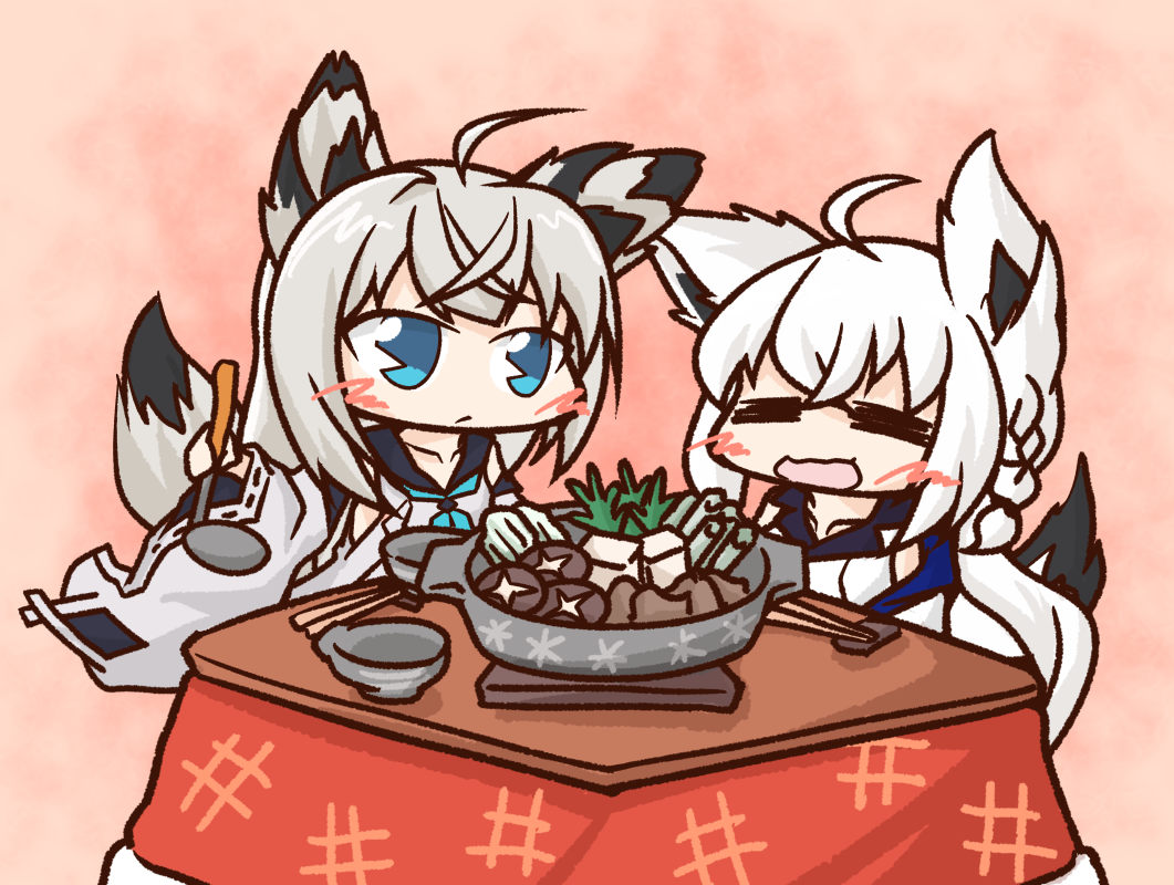 2girls, =_=, ahoge, aka_shiba, animal_ears, azur_lane, bangs, black_sailor_collar, blue_eyes, blue_neckwear, blush_stickers, bowl, chopsticks, closed_eyes, commentary_request, crossed_bangs, daikon, food, fox_ears, fox_girl, fox_tail, gradient, gradient_background, grey_eyes, holding, holding_chopsticks, holding_ladle, hololive, hotpot, kawakaze_(azur_lane), kotatsu, ladle, looking_at_another, multiple_girls, mushroom, nabe, neckerchief, oden, pot, sailor_collar, shirakami_fubuki, sidelocks, sitting, spring_onion, table, tail, tofu, under_kotatsu, under_table, virtual_youtuber, wavy_mouth, white_hair, wide_sleeves