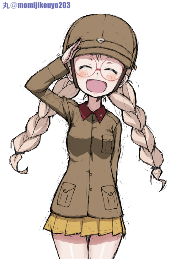 1girl, :d, alternate_hairstyle, arm_behind_back, artist_name, bespectacled, blonde_hair, braid, brown_headwear, brown_jacket, chi-hatan_military_uniform, closed_eyes, commentary, cosplay, cowboy_shot, facing_viewer, fukuda_(girls_und_panzer), fukuda_(girls_und_panzer)_(cosplay), girls_und_panzer, glasses, hair_tie, jacket, kayabakoro, long_sleeves, marie_(girls_und_panzer), military, military_uniform, miniskirt, open_mouth, pleated_skirt, red-framed_eyewear, round_eyewear, simple_background, sketch, skirt, smile, solo, standing, tank_helmet, twin_braids, twintails, twitter_username, uniform, white_background, yellow_skirt