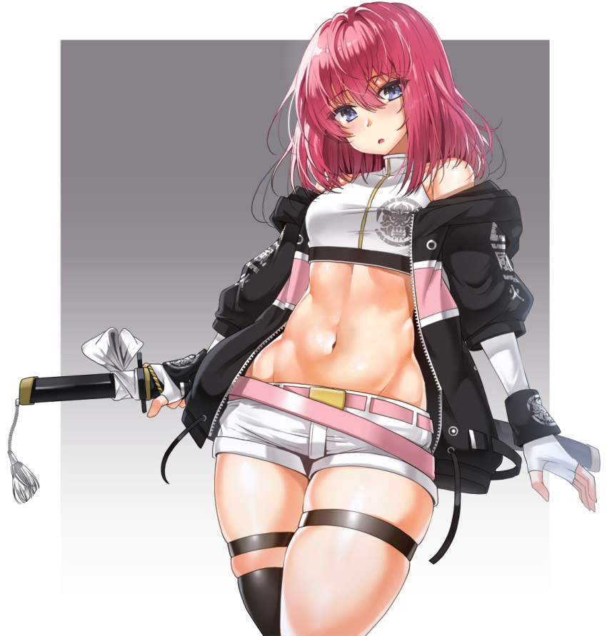 1girl, :o, ankleband, bangs, belt, blue_eyes, breasts, character_request, closers, cowboy_shot, drawstring, elbow_gloves, english_commentary, eyebrows_visible_through_hair, fingerless_gloves, gloves, gradient, grey_background, groin, hair_between_eyes, highres, holding, holding_sword, holding_weapon, hood, hood_down, hoodie, lhu_(barappra1), logo, looking_at_viewer, medium_breasts, medium_hair, midriff, navel, off-shoulder_jacket, open_clothes, open_hoodie, pink_belt, pink_hair, sheath, sheathed, short_shorts, shorts, single_thighhigh, skindentation, sleeveless, solo, sword, tagme, thigh-highs, two-tone_jacket, weapon, white_gloves, white_shorts, wristband