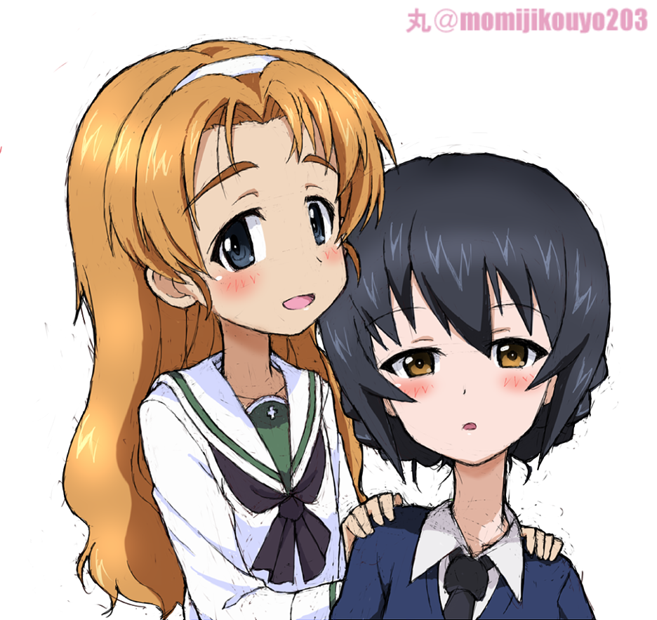 2girls, alternate_hairstyle, artist_name, bangs, black_hair, black_neckwear, blouse, blue_eyes
