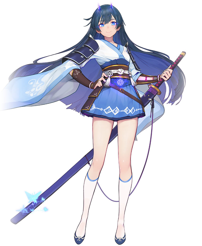 1girl, arm_guards, armor, blue_eyes, blue_hair, breasts, closed_mouth, eyeliner, full_body, glowing, glowing_eyes, gorgeous_mushroom, hand_on_hip, horns, japanese_armor, japanese_clothes, katana, kneehighs, kusazuri, long_hair, makeup, mengjing_lianjie, obi, official_art, sash, shoulder_armor, skirt, small_breasts, smile, sode, solo, standing, sword, transparent_background, weapon, white_legwear, wide_sleeves