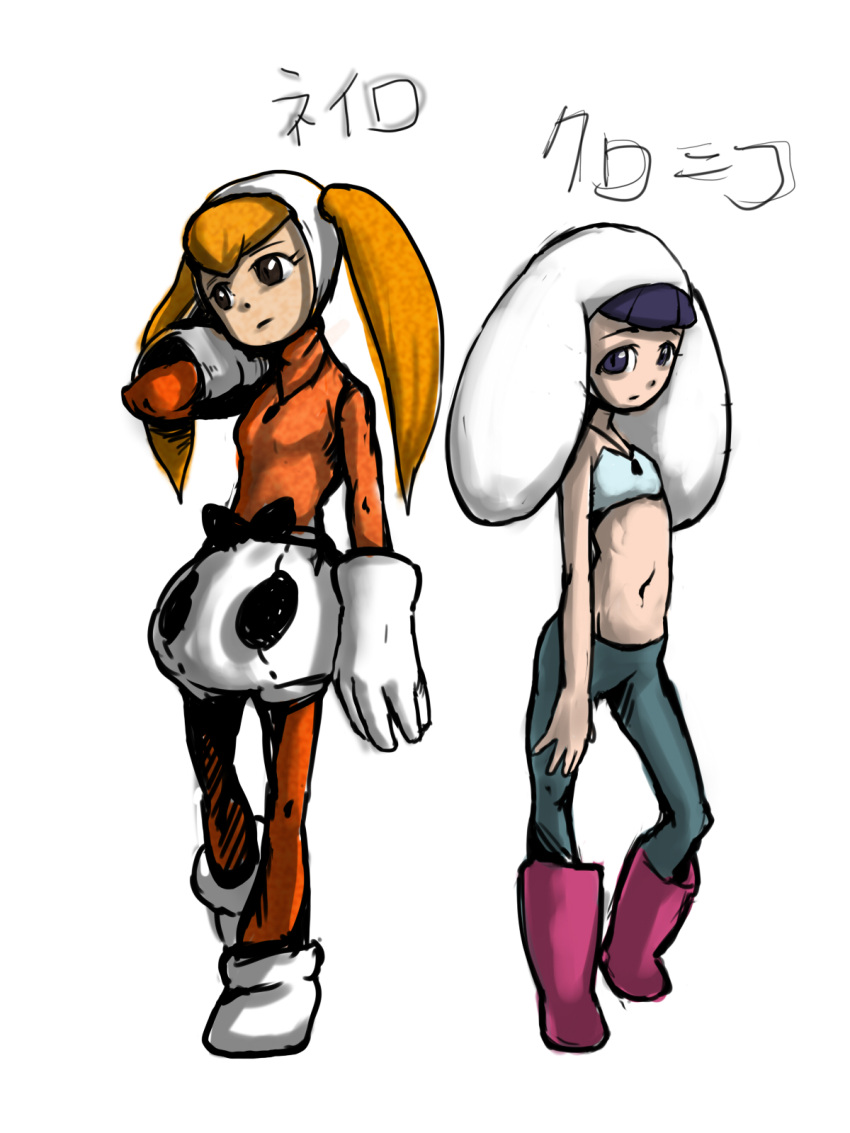 chroniko, highres, kaiba, neiro, orange_hair, pink_hair, purple_boots, twintails
