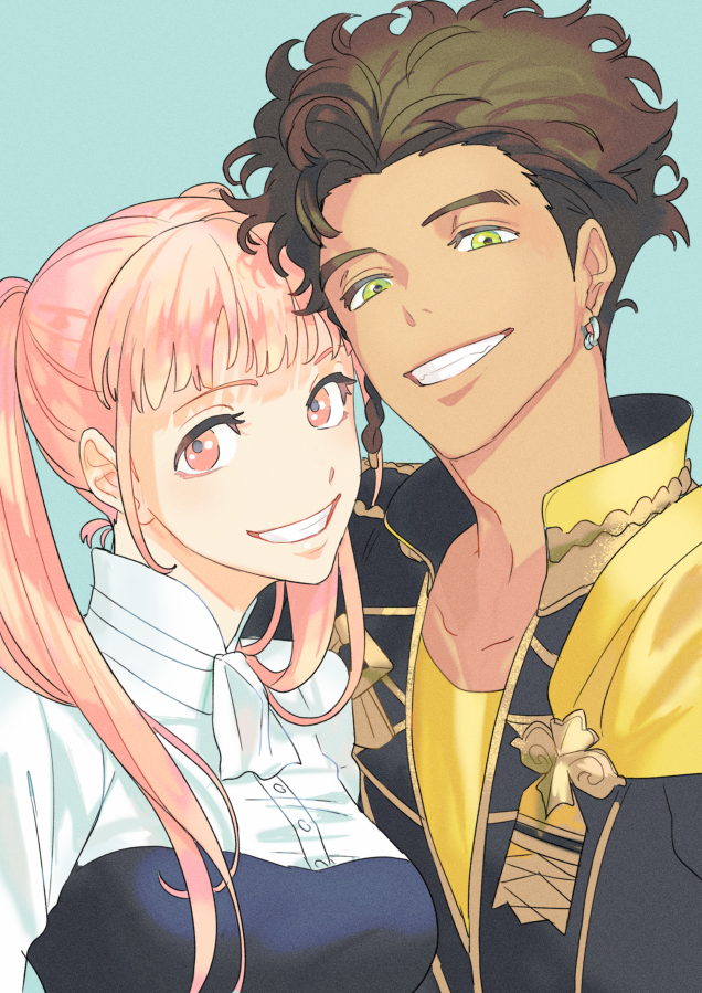 1boy, 1girl, blue_background, braid, breasts, brown_hair, claude_von_riegan, earrings