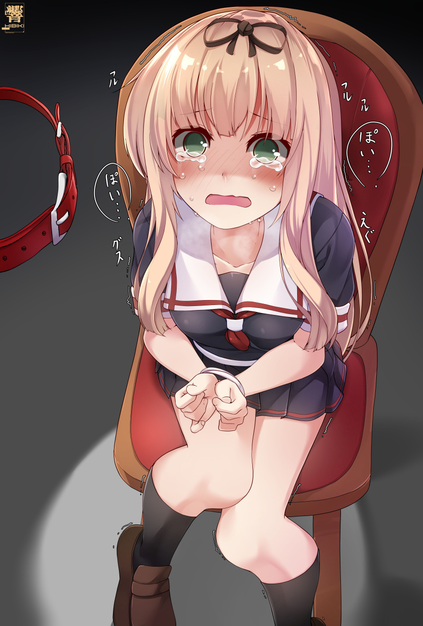 1girl, absurdres, black_legwear, black_ribbon, black_serafuku, black_shirt, black_skirt, blonde_hair
