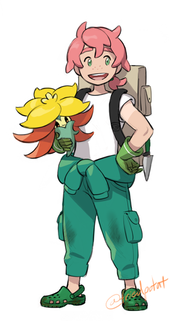 1boy, artist_name, backpack, bag, crocs, dirty_clothes, freckles, full_body