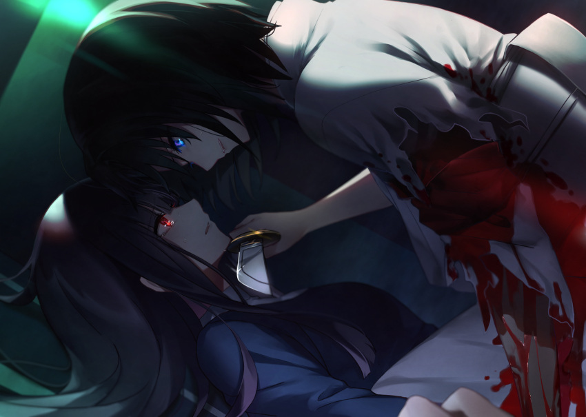 2girls, absurdres, asagami_fujino, black_hair, blood, bloody_clothes, blue_eyes, glowing, glowing_eyes, highres, kara_no_kyoukai, knife, knife_to_throat, long_hair, lying, multiple_girls, okakasushi, on_back, red_eyes, ryougi_shiki, tears