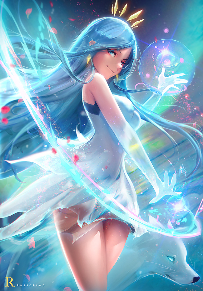 1girl, artist_name, bare_legs, blue_eyes, blue_hair, breasts, crown, crystal