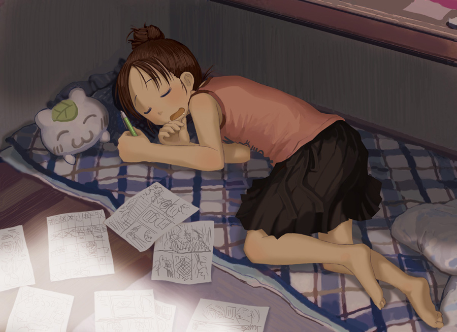 barefoot, blush, brown_hair, closed_eyes, drawing, drawings, futon, ikagawa